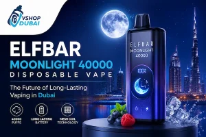 Elfbar Moonlight 40000 Disposable Vape featured by VSHOP Dubai with Dubai skyline background