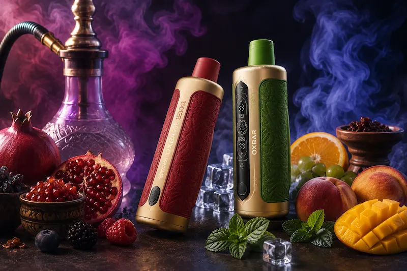 Two shisha-style vape devices arranged with a traditional hookah, pomegranate, mango, peach, mint and ice representing shisha flavour profiles