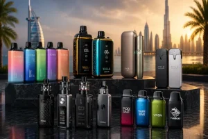 Top vape brands and disposable vape devices available in the UAE, displayed with Dubai skyline background