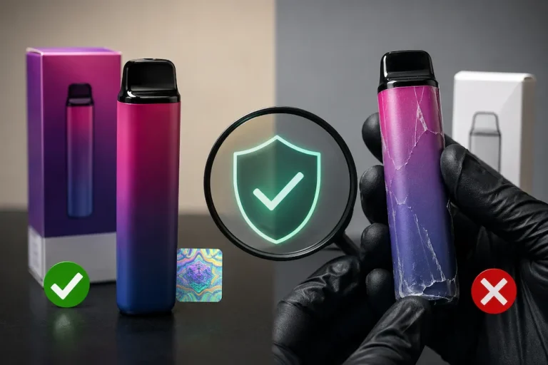 Genuine disposable vape standing beside its intact retail box, next to a cracked counterfeit device held in a gloved hand, with a verification shield between them