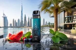 VGOD Pod 1K Lush Ice disposable vape in Dubai with Burj Al Arab skyline background