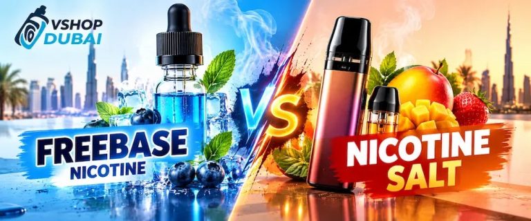 Split graphic comparing freebase nicotine e-liquid on the left with a nicotine salt pod system on the right, Dubai skyline background