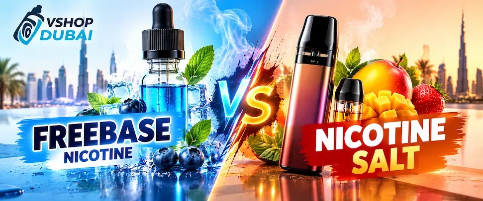 Split graphic comparing freebase nicotine e-liquid on the left with a nicotine salt pod system on the right, Dubai skyline background