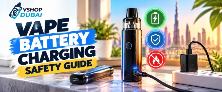 Vape device charging via USB-C cable with battery, safety-check, and no-fire warning icons, Dubai skyline in background
