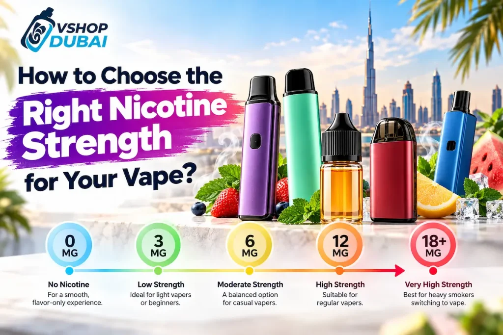 Infographic showing vape nicotine strength levels from 0mg to 18mg+ with pod devices, e-liquid bottle, and the Dubai skyline