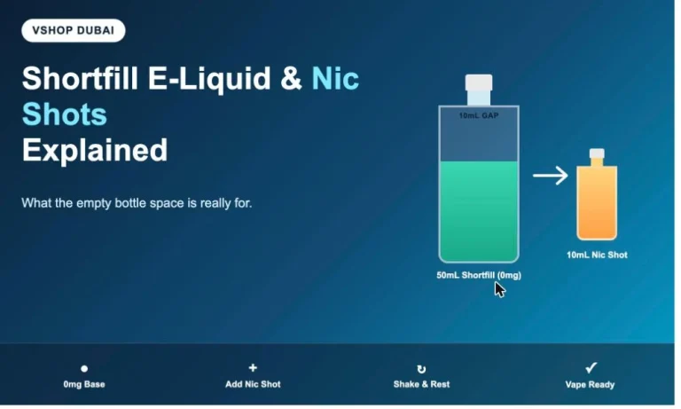 Diagram showing a shortfill e-liquid bottle with empty headroom next to a nic shot bottle, illustrating how shortfill e-liquid and nic shots work