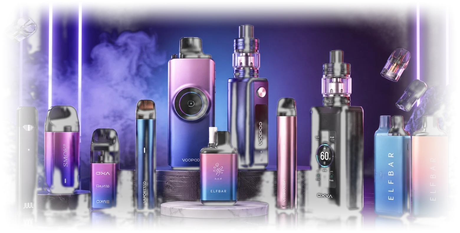 Disposable vapes, pod kits and vape devices from Elfbar, SMOK, VOOPOO, OXVA and Vaporesso
